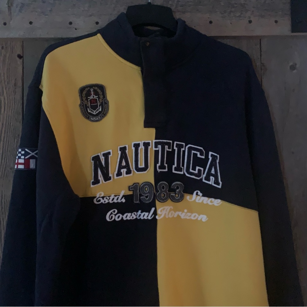 Men’s XXL NAUTICA Navy Yellow Color Block 1983 Coastal Horizon Zip Sweatshirt EC - Picture 2 of 15